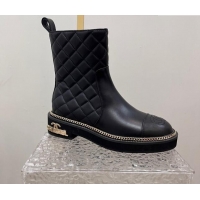 Best Grade Chanel Quilted Calfskin Leather Ankle Boots with Chain and Logo Black 722006