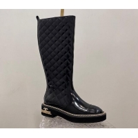 Good Looking Chanel Shiny Quilted Calfskin High Boots with Chain and Logo Black 722007