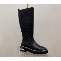 Best Product Chanel Quilted Calfskin Leather High Boots with Chain and Logo Black 722008