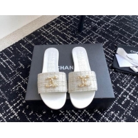 Sophisticated Chanel Tweed Flat Slides Sandal with Chain Pearl CC White 722019