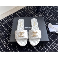 Good Quality Chanel Lambskin Flat Slides Sandal with Chain Pearl CC White 722021