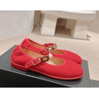 Best Product Chanel Tweed Ballet Flat with Charm Red 722030