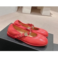 Grade Quality Chanel Lambskin Mary Janes Ballet Flat with Charm Red 722033