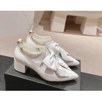 Top Grade Chanel Calfskin Pumps 5.5cm with Maxi-Bow and Pearls White 722041