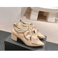 Luxurious Chanel Calfskin Pumps 5.5cm with Maxi-Bow and Pearls Beige 722042