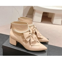 Good Quality Chanel Calfskin Heel Ankle Boots 5.5cm with Maxi-Bow and Pearls Beige 722045