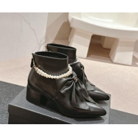 Grade Quality Chanel Calfskin Heel Ankle Boots 5.5cm with Maxi-Bow and Pearls Black 722046