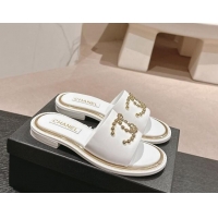 Pretty Style Chanel Calfskin Flat Slides Sandal with Stud CC White 722047