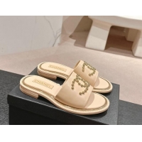 Best Price Chanel Calfskin Flat Slides Sandal with Stud CC Beige 722048