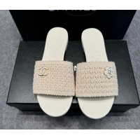 Popular Style Chanel Knit Flat Slides Sandal with Logo Beige 722051