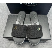 Good Looking Chanel Knit Flat Slides Sandal with Logo Black 722052