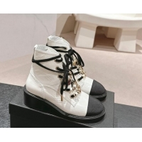 Pretty Style Chanel Patent Crinkled Calfskin Combat lace-up Ankle Boots 5cm White 722056