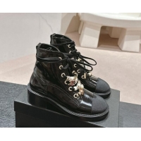 Classic Hot Chanel Patent Crinkled Calfskin Combat lace-up Ankle Boots 5cm Black 722057