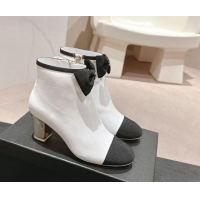 Best Grade Chanel Calfskin & Grosgrain Ankle Boots with Bow White 722068