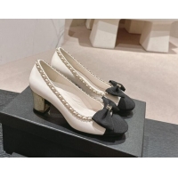 Lower Price Chanel Calfskin & Grosgrain Pumps 7cm with Chain Bow White 722070