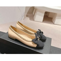 Duplicate Chanel Calfskin & Grosgrain Ballet Flat with Chain Bow Beige 722074