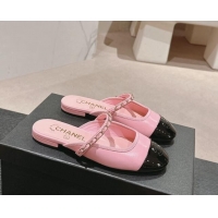 Grade Chanel Calfskin & Patent Flat Mules with Chain Pink 722082