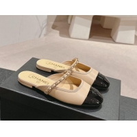 Charming Chanel Calfskin & Patent Flat Mules with Chain Beige 722083