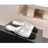 Hot Style Chanel Calfskin & Patent Flat Mules with Chain White 722084