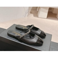 Best Price Chanel Calfskin & Patent Flat Mules with Chain Black 722085