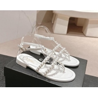 Best Grade Chanel Calfskin Flat Thong Sandals with Pearls White 722101