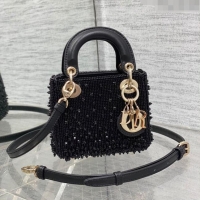 New Design Dior Metallic Calfskin Lady Dior Micro Bag with Bead Embroidery D8131 Black 2024