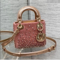 Best Price Dior Metallic Calfskin Lady Dior Micro Bag with Bead Embroidery D8132 Pink 2024