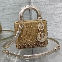 Top Quality Dior Metallic Calfskin Lady Dior Micro Bag with Bead Embroidery D8133 Gold 2024