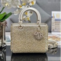 Super Quality Dior Lady Dior Medium Bag with Bead Embroidery M0565 Gold 2024