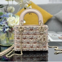 Most Popular Dior Lady Dior Mini Bag with Beads & Crystals Embroidery M0505 Beige 2024