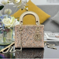 Super Quality Dior Lady Dior Mini Bag with Crystals Embroidery M0505 Gold 2024