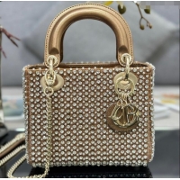 Original Cheap Dior Lady Dior Mini Bag with Crystals Embroidery M0505 Gold 02 2024