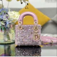 Top Design Dior Lady Dior Micro Bag in Satin with Crystals S0856 Pink 2024