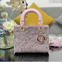 Luxury Cheap Dior Lady Dior Small Bag in Satin with Crystals M0538 Pink 2024