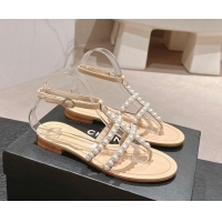 Good Product Chanel Calfskin Flat Thong Sandals with Pearls Beige 722102