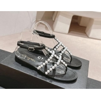 Classic Hot Chanel Calfskin Flat Sandals with Pearls Black 722103