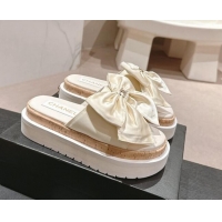 Durable Chanel Satin Platform Slides Sandal with Maxi Bow White 722106