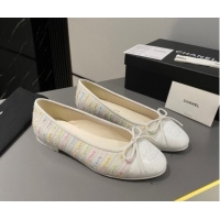 Top Design Chanel Tweed Classic Ballet Flat White/Multi 722112