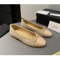 Luxury Chanel Tweed Classic Ballet Flat Beige/Gold 722114