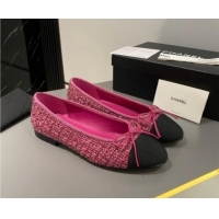 Popular Style Chanel Tweed Classic Ballet Flat Fuchsia Pink  722115