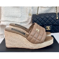 Pretty Style Chanel Quilted Lambskin Wedge Slides Sandal 8cm Khaki 722119