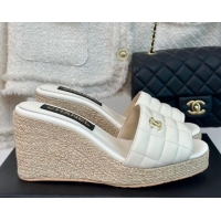 Good Product Chanel Quilted Lambskin Wedge Slides Sandal 8cm White 722120