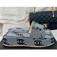 Pretty Style Chanel CC Denim Platform Slides Sandal 4cm Grey 722122