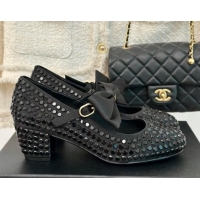 Shop Duplicate Chanel Satin & Strass Mary Janes Pumps 5cm with Bow Black 722125