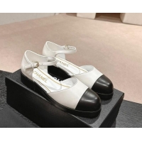 Luxurious Chanel Calfskin Flat Mary Janes 3cm White 722133