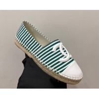 Top Grade Chanel Coco Beach Stripes Printed Fabric Espadrilles Flat Green 7230010