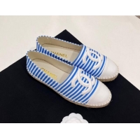 Luxury Chanel Coco Beach Stripes Printed Fabric Espadrilles Flat Sky Blue 7230012