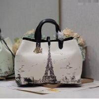 New Style Dior Large Dior Toujours Bag in Fabric with Paris Print 1188 White and Black 2024