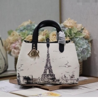 Luxury Cheap Dior Medium Dior Toujours Bag in Fabric with Paris Print 1188 White and Black 2024