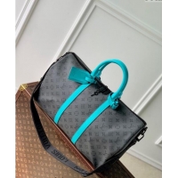 Top Design Louis Vuitton Keepall Bandouliere 45 Bag in Grey Monogram Eclipse Canvas/Turquoise Blue M11481 2024